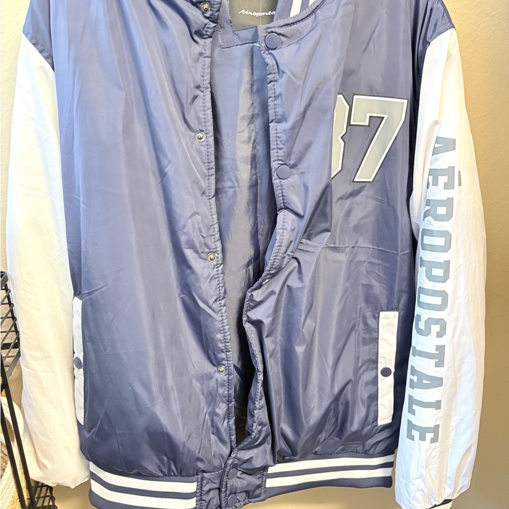 Aeropostale Navy and White Varsity Jacket